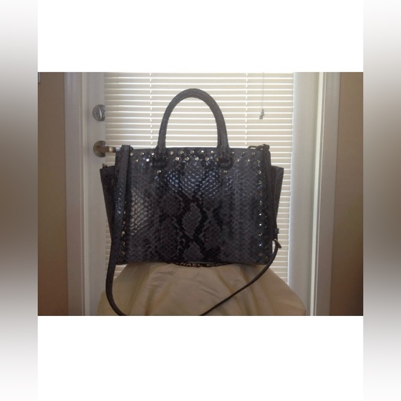 Pre-loved MICHAEL by Michael Kors 'Selma' Snake Embossed Jeweled Satchel - Denim - Picture 2 of 7